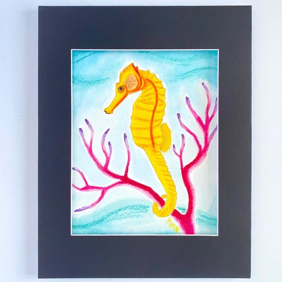 Yellow Seahorse Underwater Original Painting Acrylic Wall Art 11x14in Matted - Picture 7 of 10